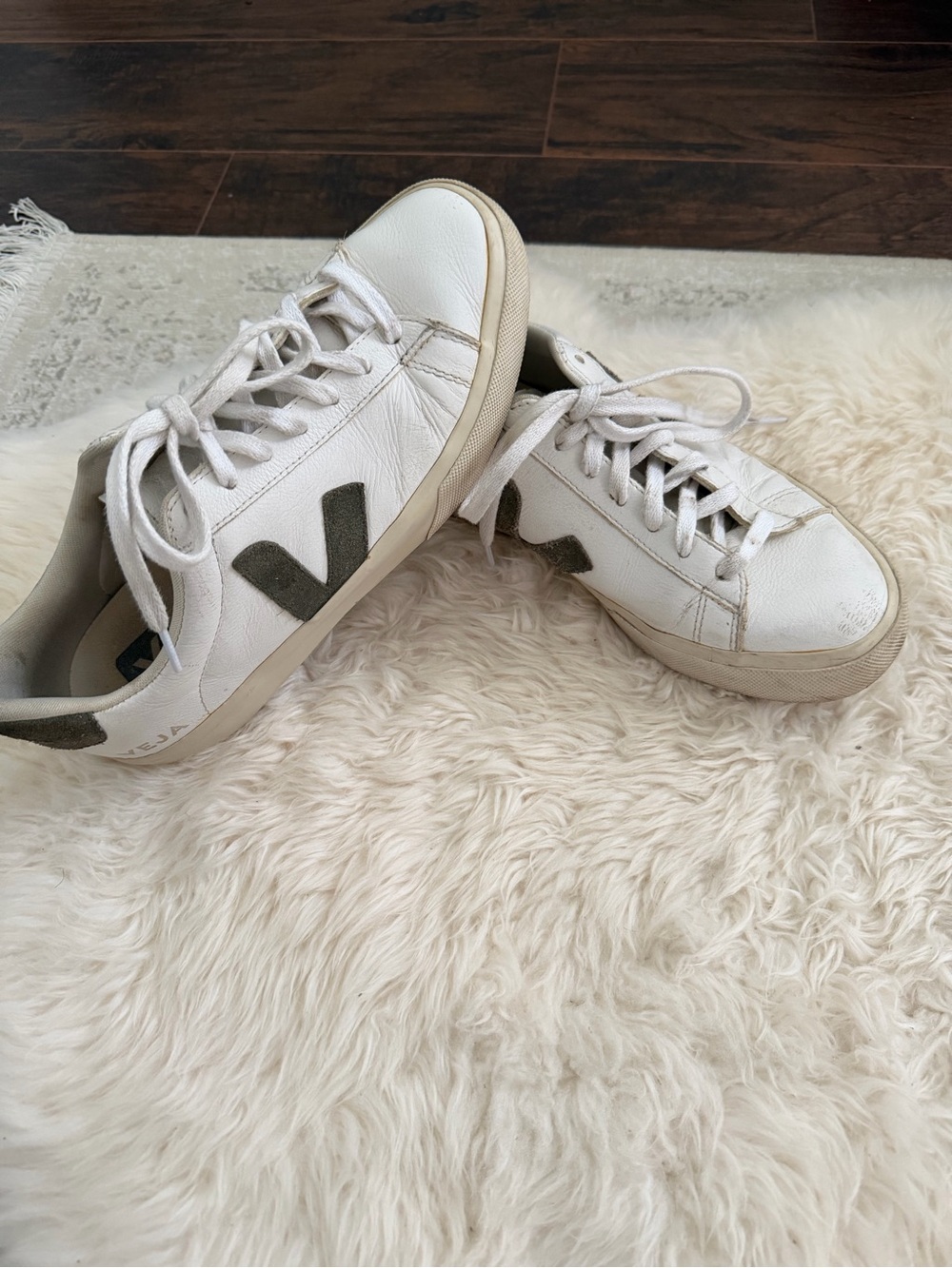 Veja Women's White Leather Sneakers with Olive Suede V - Picture 2 of 6